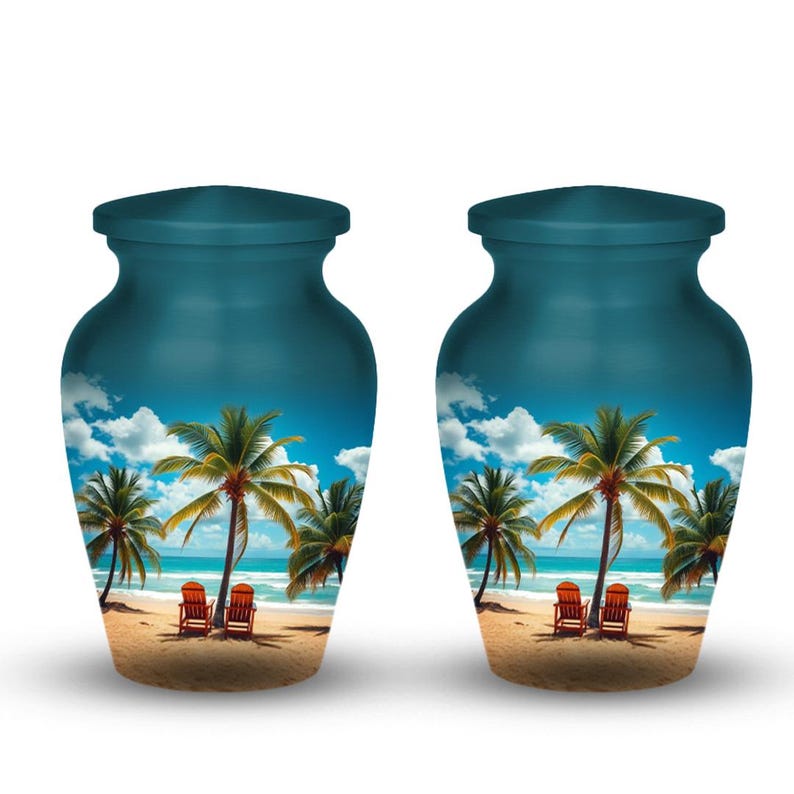 Tropical island beach urn for human ashes, calming ocean scene with palm trees and clear skies