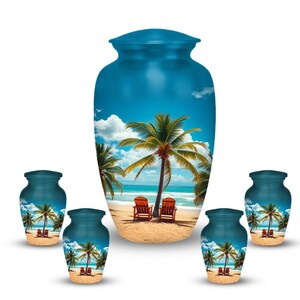 Tranquil cremation urn with beach and palm tree design, ocean view urn for loved one's memorial