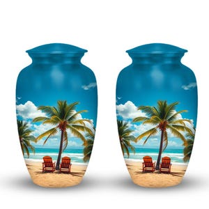 Ocean view cremation urn with palm tree art, beach theme urn for ashes, relaxing beach chair design