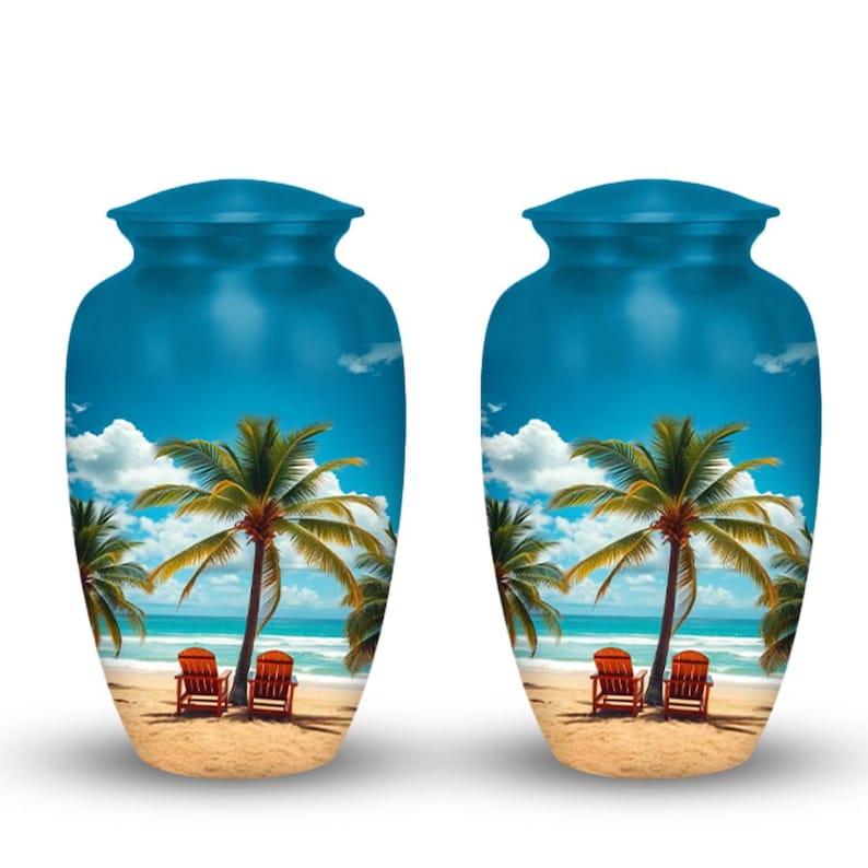 Ocean view cremation urn with palm tree art, beach theme urn for ashes, relaxing beach chair design