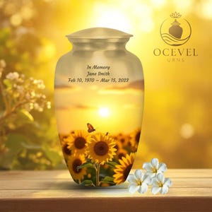 Puede incluir: Urna dorada con tapa, con una escena de puesta de sol con girasoles y una mariposa. La urna está inscrita con "In Memory Jane Smith Feb 10, 1970 – Mar 15, 2023". El logotipo de Ocevel Urns es visible.