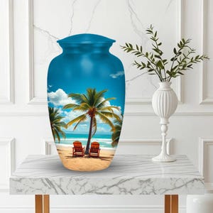 Scenic beach funeral urn for human ashes, paradise palm tree design for tropical memorial tribute