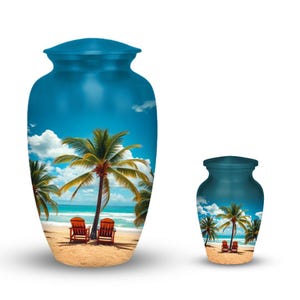 Personalized memorial urn with tropical sunset beach, palm trees, and ocean waves – tribute to beach lovers