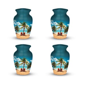 beach urn with palm trees and ocean, memorial urn for ashes with peaceful coastal design