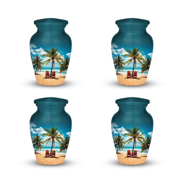 beach urn with palm trees and ocean, memorial urn for ashes with peaceful coastal design
