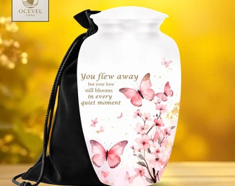 Pink Butterfly Urns for Human Ashes | Watercolor Floral Memorial Urn