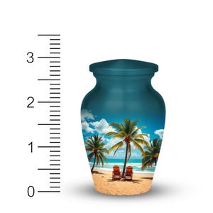 Vacation paradise cremation urn, coastal beach urn with chairs and palm trees for a peaceful farewell