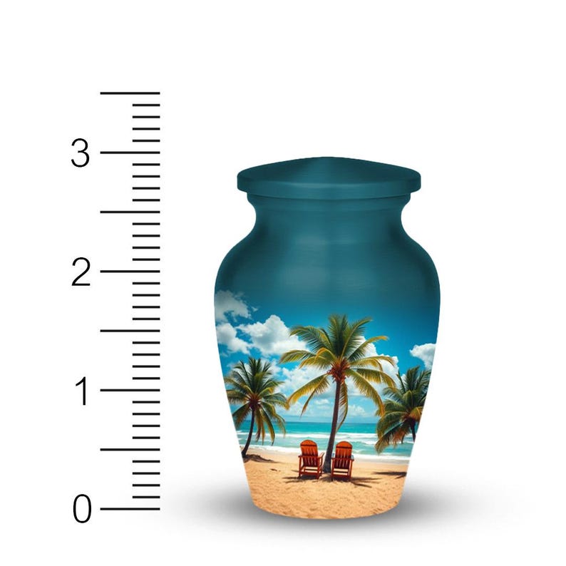Vacation paradise cremation urn, coastal beach urn with chairs and palm trees for a peaceful farewell