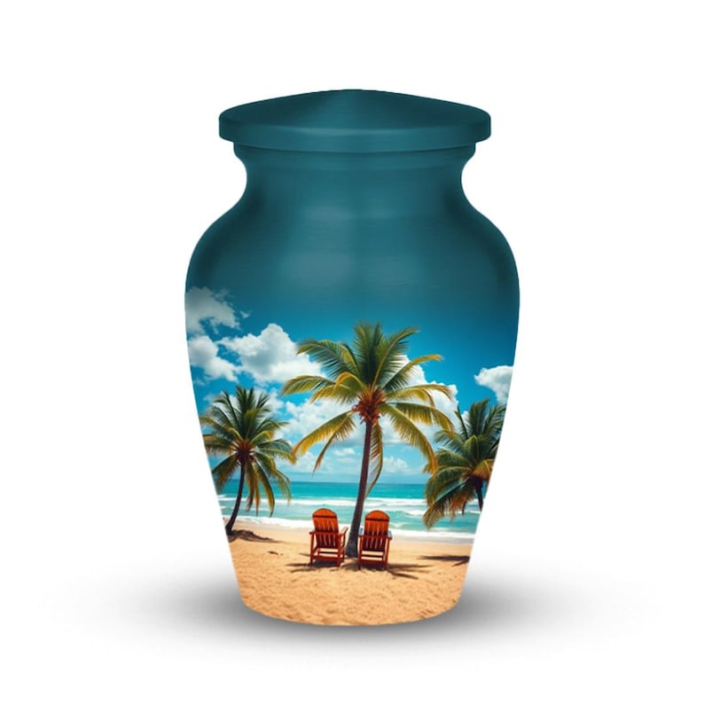 Beach-themed urn for ashes with serene sea view and palm trees, elegant tropical cremation urn