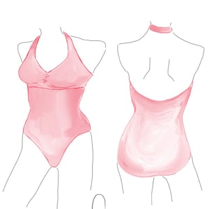 Könnte beinhalten: Ein rosa Badeanzug mit Halfter-Ausschnitt, V-Ausschnitt und schlichtem Design. Der Badeanzug wird von vorne und hinten gezeigt.