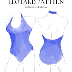 May include: Line drawing of a scoop neck halter leotard pattern. The leotard is blue and shown from the front and back. The text "Scoop Neck Halter Leotard Pattern" and "By: Carnivore Ballerina" is at the top of the image.
