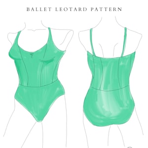 May include: Illustration of a green corset-style ballet leotard pattern. The design is shown from the front and back, with thin straps and a fitted bodice. The text "Corse Leo" and "Ballet Leotard Pattern" are displayed at the top.
