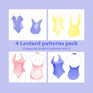 Op de afbeelding: Vier leotard patronen in maat S. De patronen zijn in blauw, geel, roze en een lichtere blauwe tint. De leotards zijn getekend op een witte achtergrond.