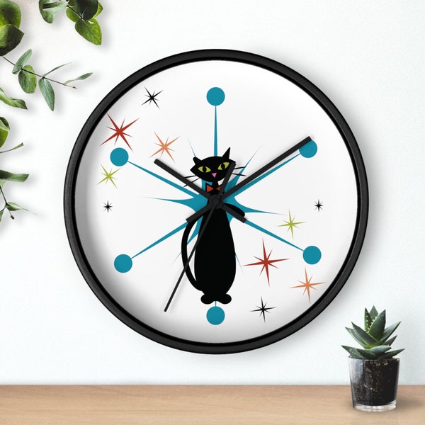 Mid-Century Modern Clock Atomic Kitty Wall Clock With Sputnik Starbursts Retro Home Decor MCM Wall Decor Cat Clock Wall Art