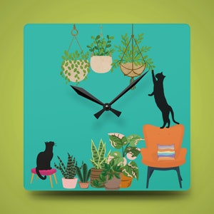 Wall Clock Cats, Plants Mid-Century Modern Design Home Decor Square Clock Acrylic MCM Retro Wall Art Clock Boho Decor