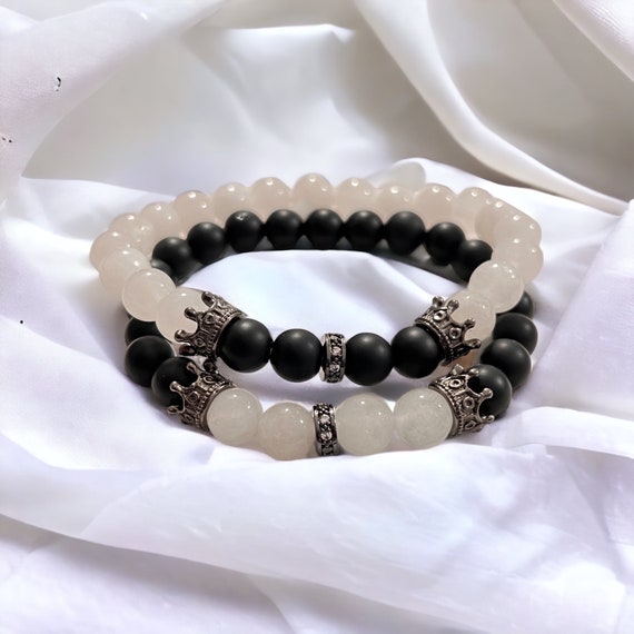 8mm Black Onyx Bead Bracelet With Crown & Lion Charm - Adjustable, Unisex Men's Women's Jewelry - View #5