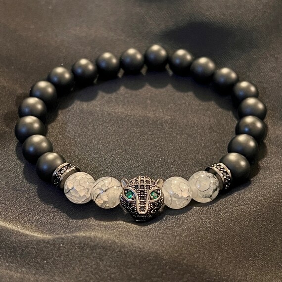 Bracelet Perles Onyx Et Turquoise Avec Tête De Léopard - Fait Main, Taille Sur Mesure - Neuf