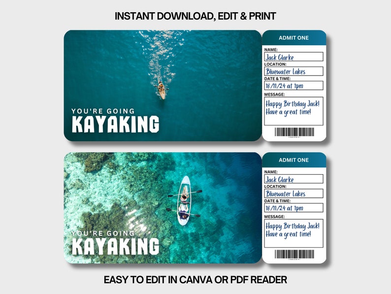 KAYAKING Surprise Ticket Printable Ticket Surprise Experience Activity ...