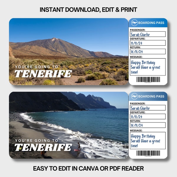 TENERIFE Surprise Boarding Pass Ticket | Printable Ticket | Surprise Trip | Travel Gift | Summer Vacation | Printable Boarding Pass Gift