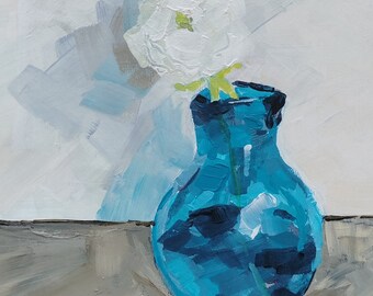 Blue vase | Original flower painting on wood panel, white flower, unframed or tray frame, floral fine art, still life, acrylic, oil, pen