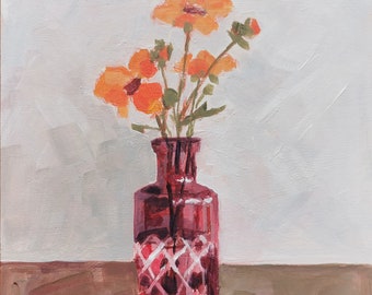 Red vase | Original floral painting on wood panel, orange flower, unframed or tray frame, botanical art, still life, acrylic, oil, pen