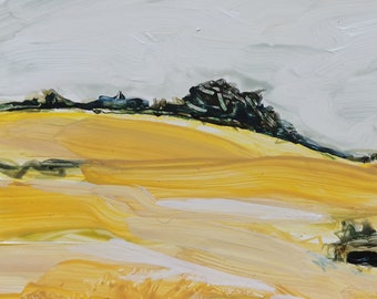 Yellow field | Original landscape painting on wood, unframed or tray frame, impressionist countryside wall fine art, acrylic, oil, pen