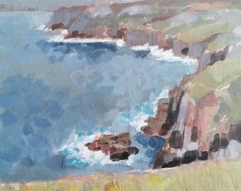 Cliff walk | Original coastal landscape painting on wood panel, unframed or tray frame, Cornwall coast, seaview, wall art, acrylic, oil, pen