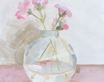 Pink flowers | Original still life painting on wood panel, glass vase, unframed or tray frame, botanical floral art, acrylic, oil, pen