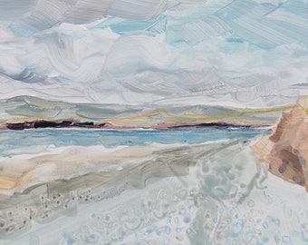 Pebble beach | Original landscape painting on wood panel, unframed or tray frame, coastal beach and sea wall fine art, acrylic, oil, pen