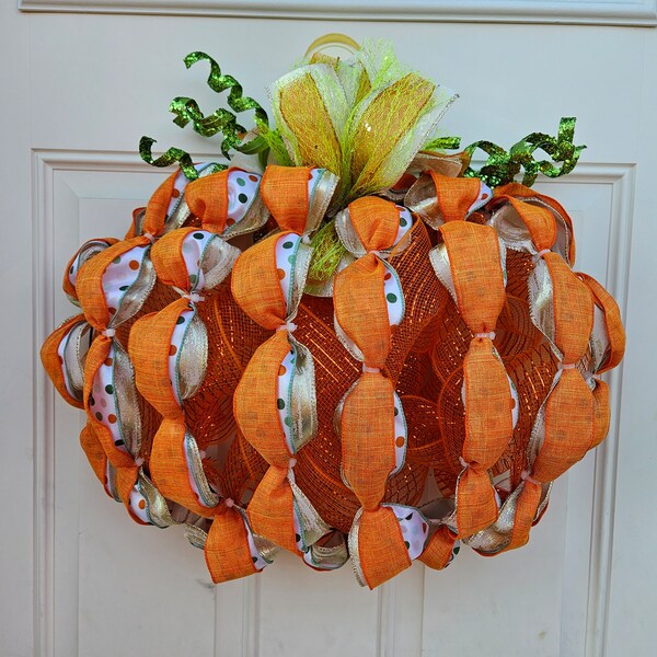 Pumpkin Shaped Fall Thanksgiving Wreath with Mesh Ribbon