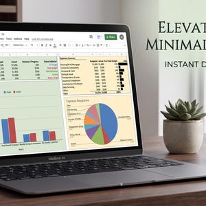 May include: A laptop displaying a financial dashboard spreadsheet with bar and pie charts. Text on the screen reads: ELEVATE YOUR WEALTH. MINIMALIST DASHBOARD. INSTANT DOWNLOAD | GOOGLE SHEETS. A small succulent in a pot and a pen in a holder are nearby.