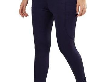 Blue Ladies Yoga Pants Running Leggings with Pockets, Women High Rise Full Stretchable Ankle Length Slim Fit Yoga Gym Tights with Pockets.