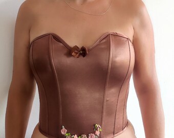 Top de satén, estilo corset, marrón con flores, elástico con varillas y cremallera