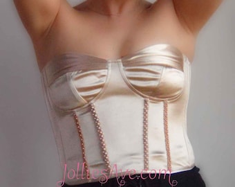 Vintage satin bustier corset top, beige color with zipper closure and decorative crystal pearls