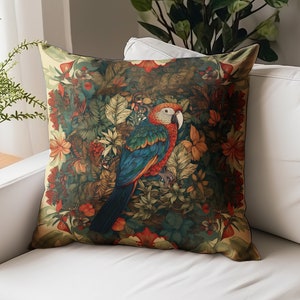 William Morris inspiré perroquet sur un oreiller d&#39;arbre, conception botanique florale, perroquet avec des fleurs colorées, insert inclus, perroquet d&#39;oreiller