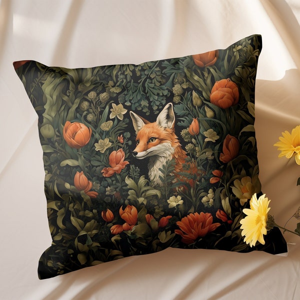 William Morris inspirado zorro en el bosque, flores, diseño botánico floral, inserto INCLUIDO, zorro, almohada vintage almohada cottagecore