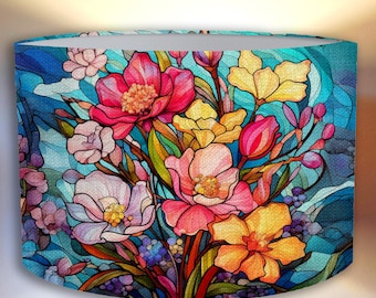 Colorful stained glass lampshade with flowers and butterflies, vibrant design for floor and pendant lamps, unique home decoration Handmade