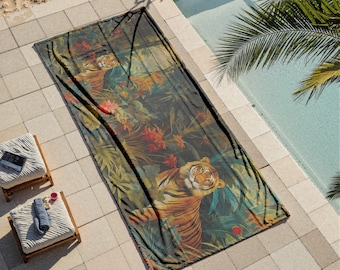 Toalha de praia tropical com estampa de tigre, estilo safari, vida selvagem, natureza exótica, decoração artística feita à mão, envio para todo o mundo, 4 tamanhos.