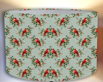 Cardinal birds lampshade, festive red birds on berry branches on a mint green background, fits floor and pendant lamps, handmade