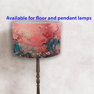 Oriental Original lampshade with a Japanese motif, pink, Japanese landscape, Vintage perfect for your   interior! Shipping worldwide