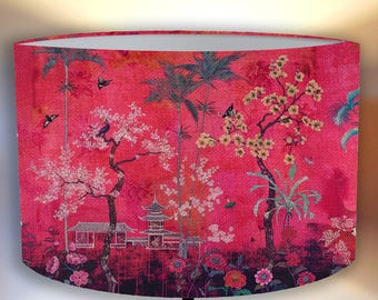 Original lampshade with a Japanese motif, dark pink, Japanese landscape., Vintage perfect for your   interior! Shipping worldwide v2