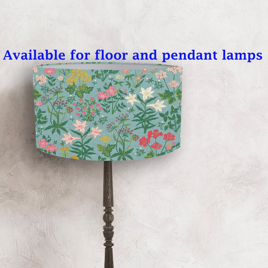 Pantalla De Lámpara De Tela Estilo William Morris - Diseño Floral Verde, Forma De Tambor, Fácil De Instalar