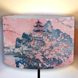 original lampshade with a Japanese motif , light pink cherry blossom Sakura, mountains Vintage perfect for your interior! Shipping worldwide