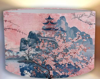 original lampshade with a Japanese motif , light pink cherry blossom Sakura, mountains Vintage perfect for your interior! Shipping worldwide