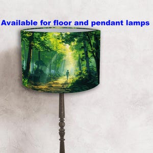 Lampshade green forest calm nature artistic illustration sunlight trees path peaceful decor for standing and pendant room lamps