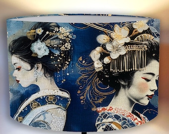 Japanese Geisha Artwork , Oriental Japanese Geisha lampshade blue ,gold  perfect for your interior Handmade lamp shade Shipping worldwide v2