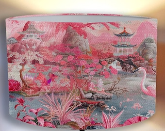 Oriental lamp shade , Vintage Japanese Crane, heron ,with a Traditional Japanese house minka, pink lampshade for the lamp Shipping worldwide