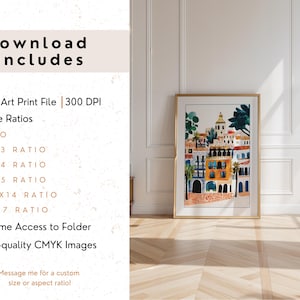 May include: A digital download of a colourful illustration of a city with buildings and palm trees. The download includes a PNG art print file at 300 DPI and 6 size ratios: ISO, 2:3, 3:4, 4:5, 11x14, and 5x7. The download also includes lifetime access to the folder and high-quality CMYK images.