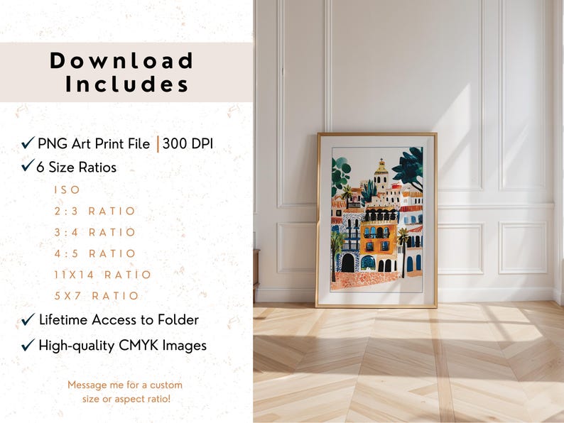 May include: A digital download of a colourful illustration of a city with buildings and palm trees. The download includes a PNG art print file at 300 DPI and 6 size ratios: ISO, 2:3, 3:4, 4:5, 11x14, and 5x7. The download also includes lifetime access to the folder and high-quality CMYK images.