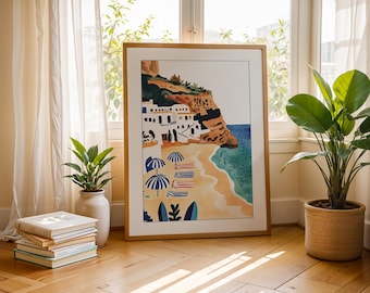 Mediterranean Beach Print | Greek Island Wall Art  | Architecture With Ocean View | Boho Seaside Village | 6 Size Ratios